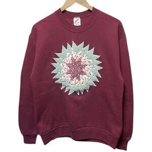 vintage 80s 90s Made in USA Quilted fabric star floral maroon Grandma sweatshirt
